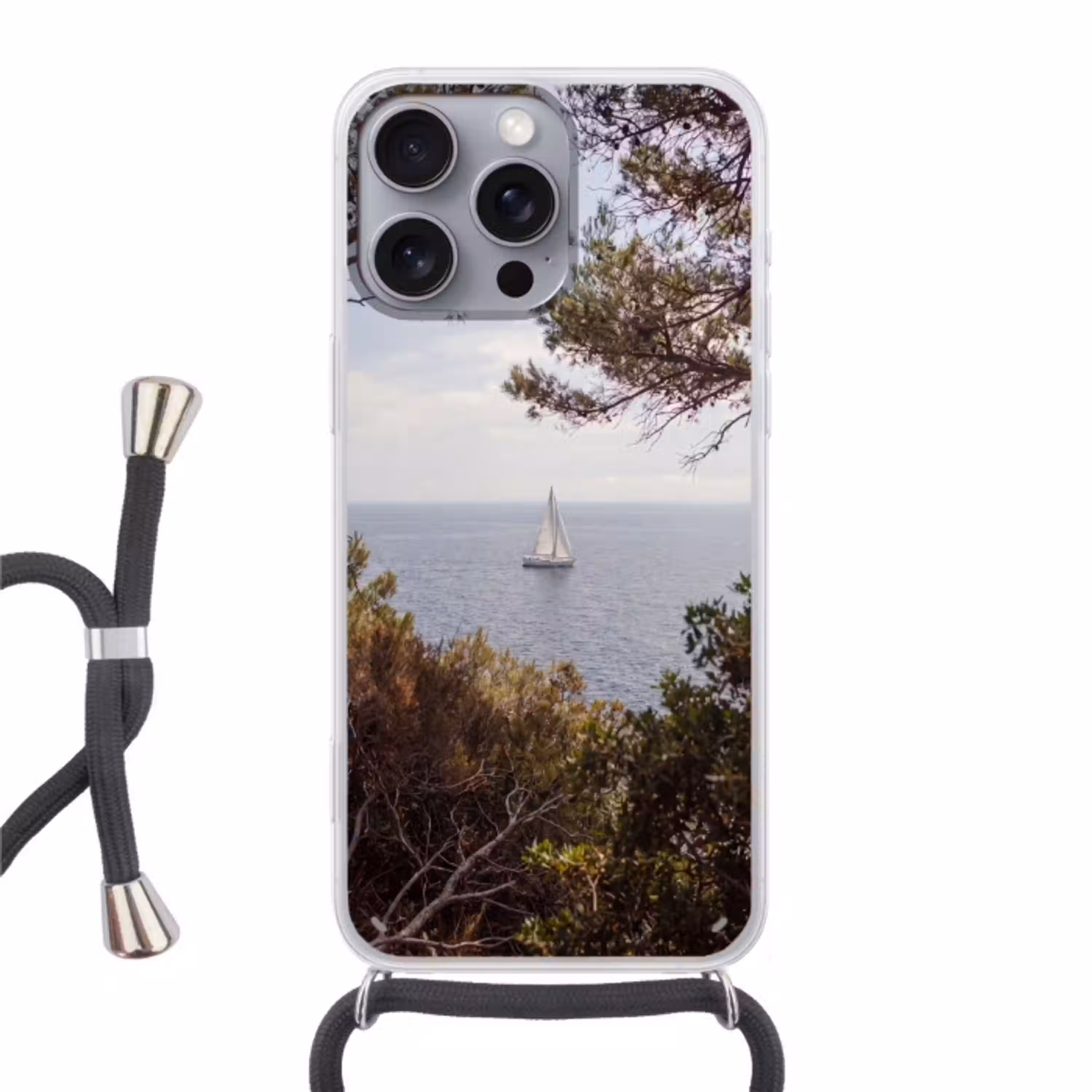 Zeilboot - bomen - water Hoesje iPhone 16 Pro Max met koord klein -3d