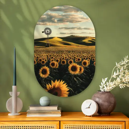 Zonnebloem - Veld - Windmolen Wandcirkel Ovaal Glas middel -sfeer2