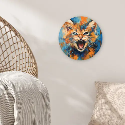 Kat - Kleurrijk - Oranje - Blauw Wandcirkel kunststof plaat 5mm dik klein -sfeer5