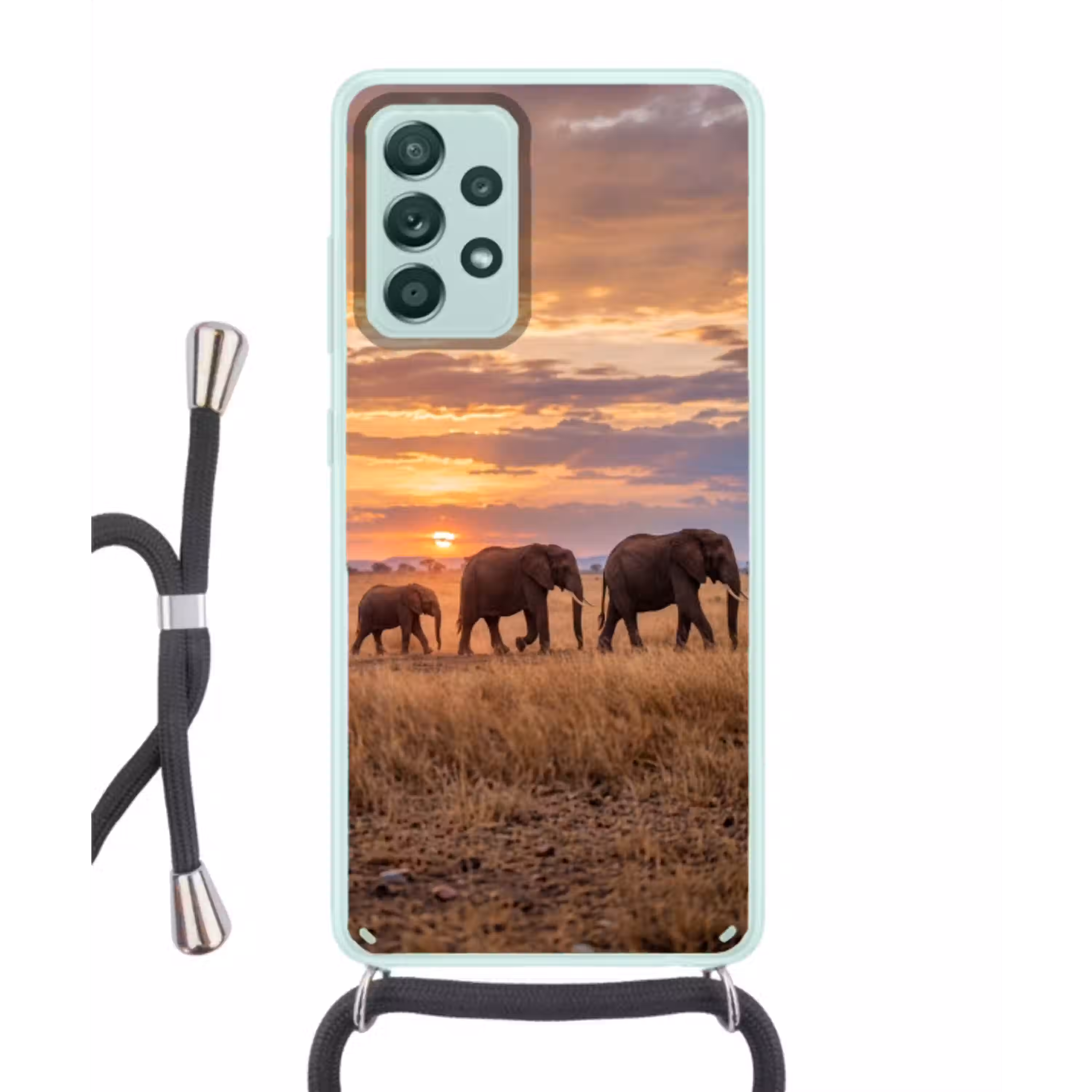 Olifanten - Savanne - Zonsondergang - Afrika - Warm Hoesje Samsung Galaxy A52 met koord klein -3d