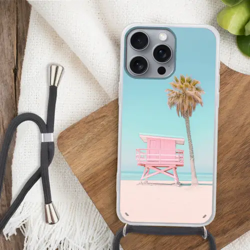 Palmboom - Strandhuis - Roze Hoesje iPhone 16 Pro Max met koord klein -sfeer4