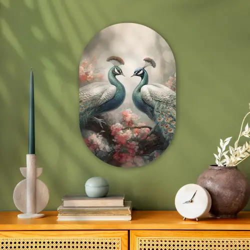 Pauwen - Pauwenveren - Vogels - Bloemen - Natuur Wandcirkel Ovaal Forex klein -sfeer2