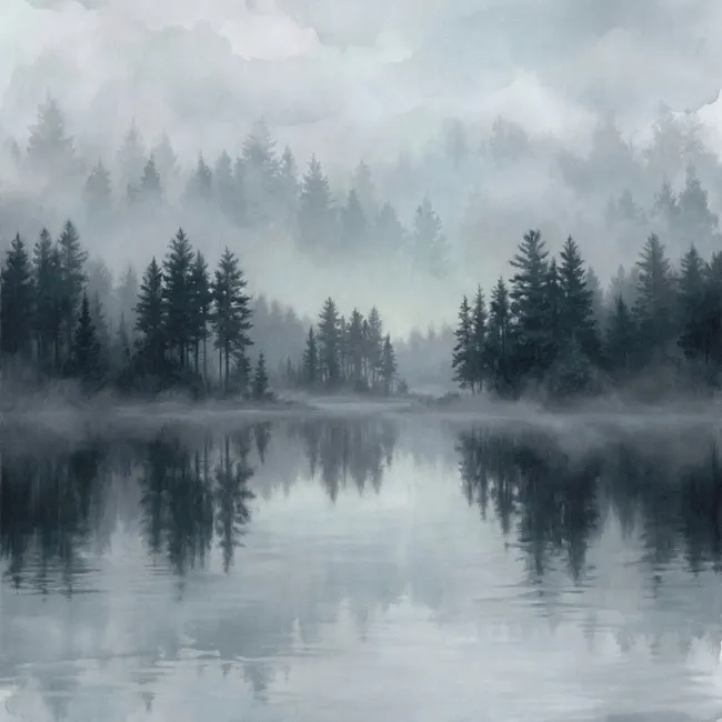 Behang - Bos - Meer - Mist - Natuur - Grijs