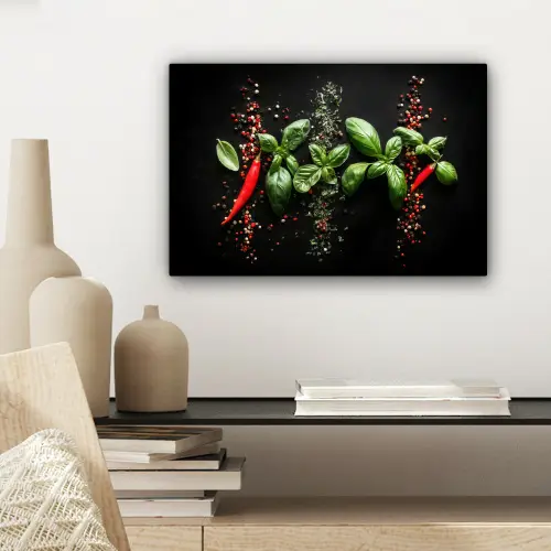 Chilipepers - Basilicum - Blaadjes - Rood canvas 2cm klein -sfeer6