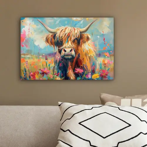 Schotse hooglander - Natuur - Kleurrijk - Bloemen canvas 2cm klein -sfeer3