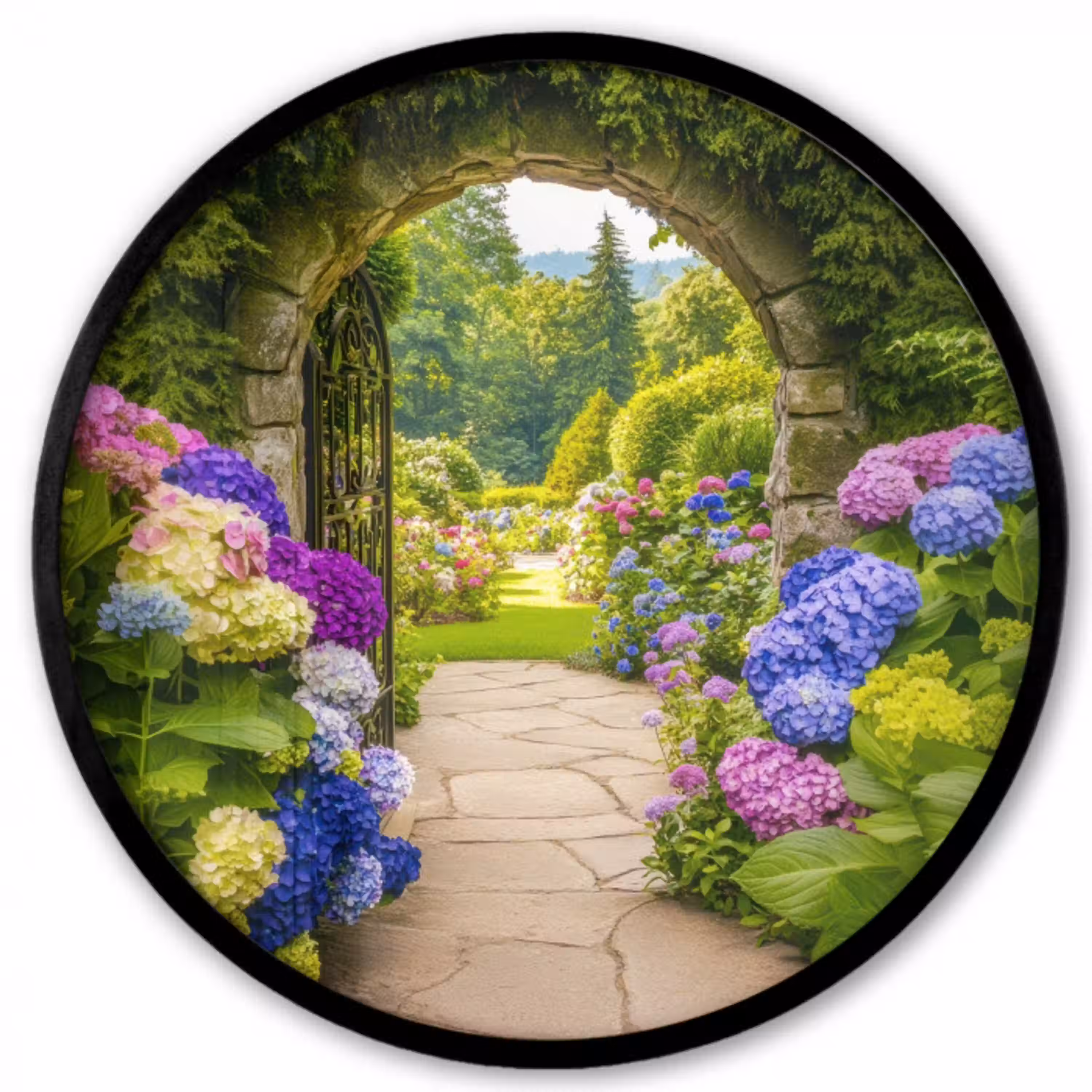 Doorkijk - Poort - Hortensia - Bloementuin Fotolijst rond zonder passe partout klein -3d
