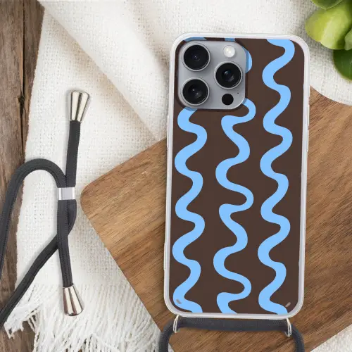 Kronkelende lijnen - Blauw - Bruin - Minimalistisch Hoesje iPhone 16 Pro Max met koord klein 804 -sfeer4