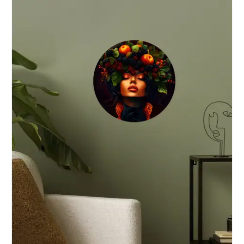Vrouw - Zwart - Bessen - Bramen - Appels Wandcirkel behangsticker klein -sfeer2