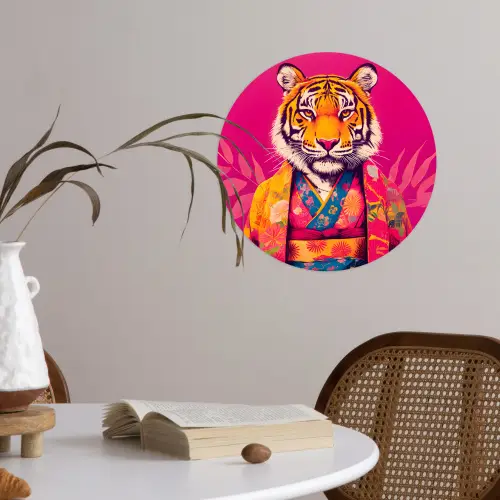 Tijger - Kimono - Planten - Roze Wandcirkel behangsticker klein -sfeer3