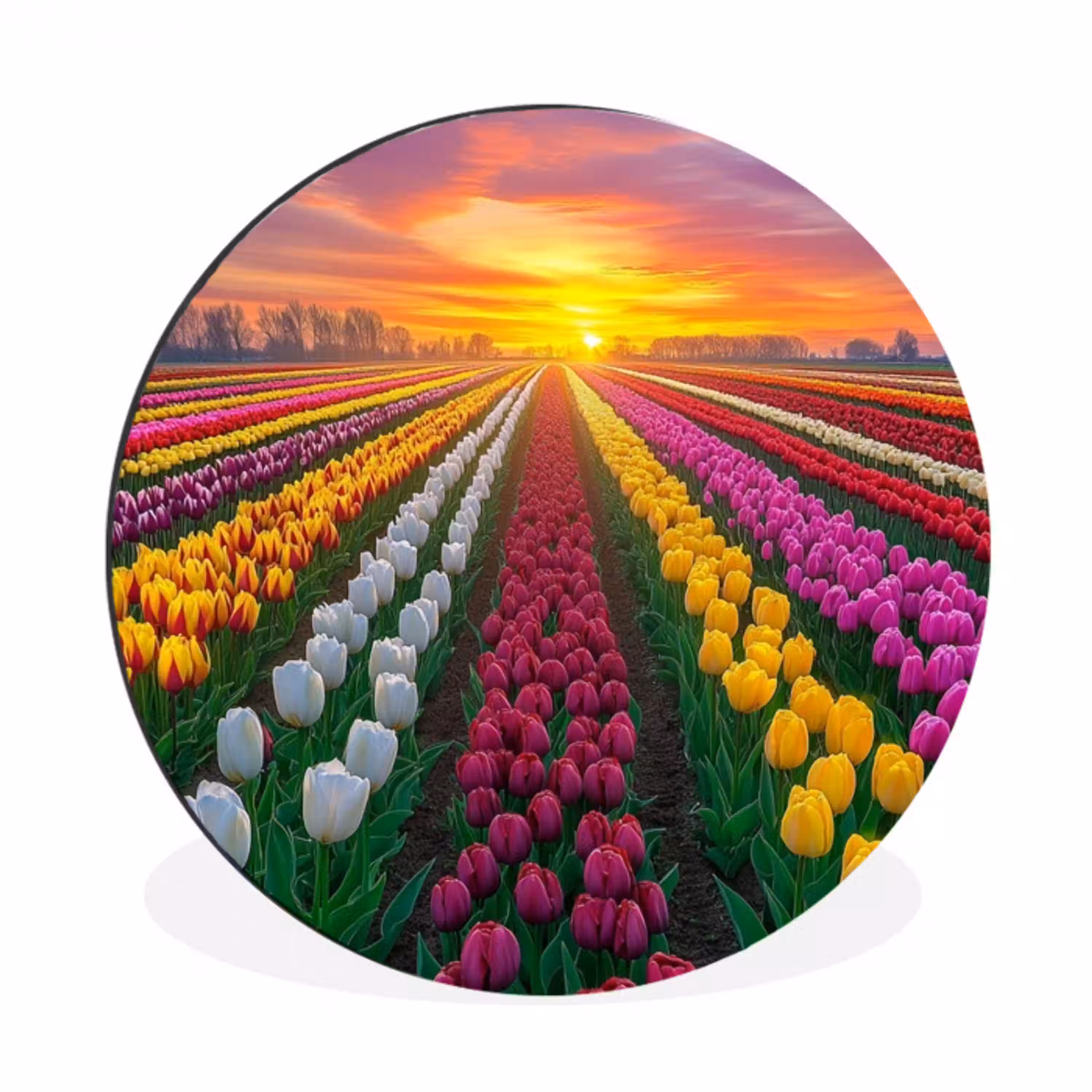 Tulpenveld - Zonsondergang - Kleurrijk Wandcirkel aluminium klein -3d