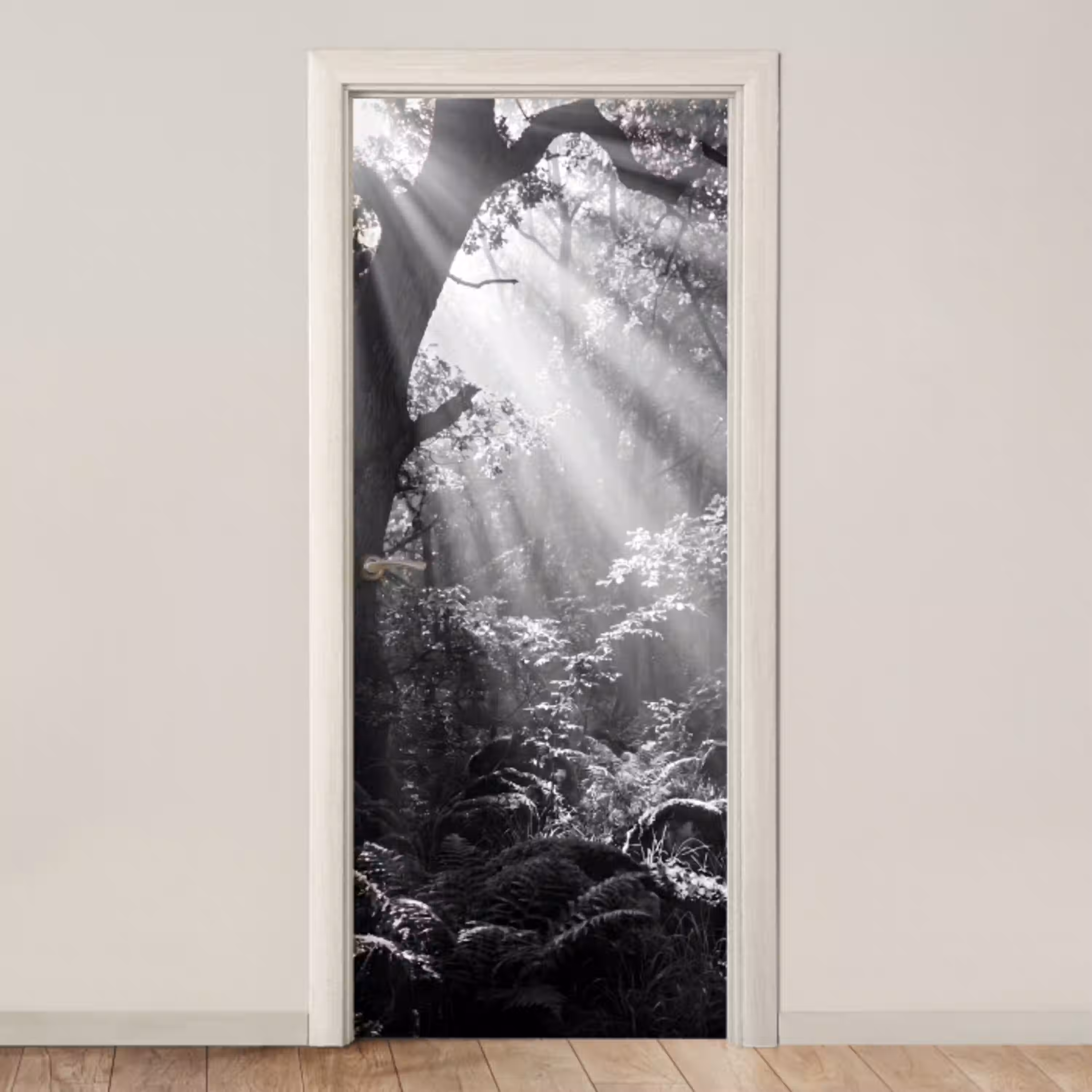 Bos - Lichtstralen - Natuur - Zwart-wit deurposter klein -3d_beige