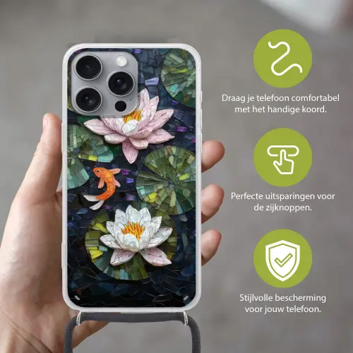 Glasstukjes - Leliebladeren - Vis - Oranje Hoesje iPhone 16 Pro Max met koord klein -sfeer2_NL