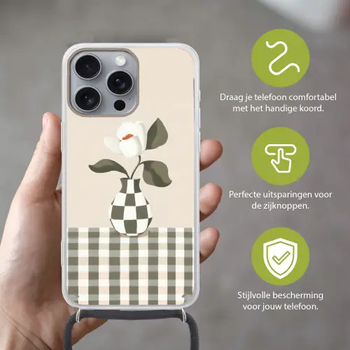 Vaas - Geruit - Groen - Bloem Hoesje iPhone 16 Pro Max met koord klein -sfeer2_NL
