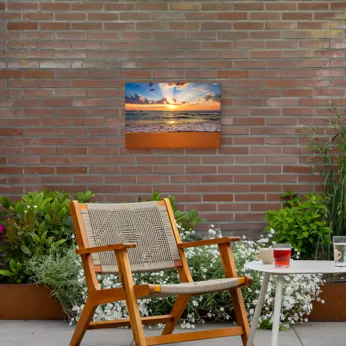 Strand - Zonsondergang - Zee - Wolken - Horizon Tuinposter op houten frame 2 cm dik klein -sfeer3