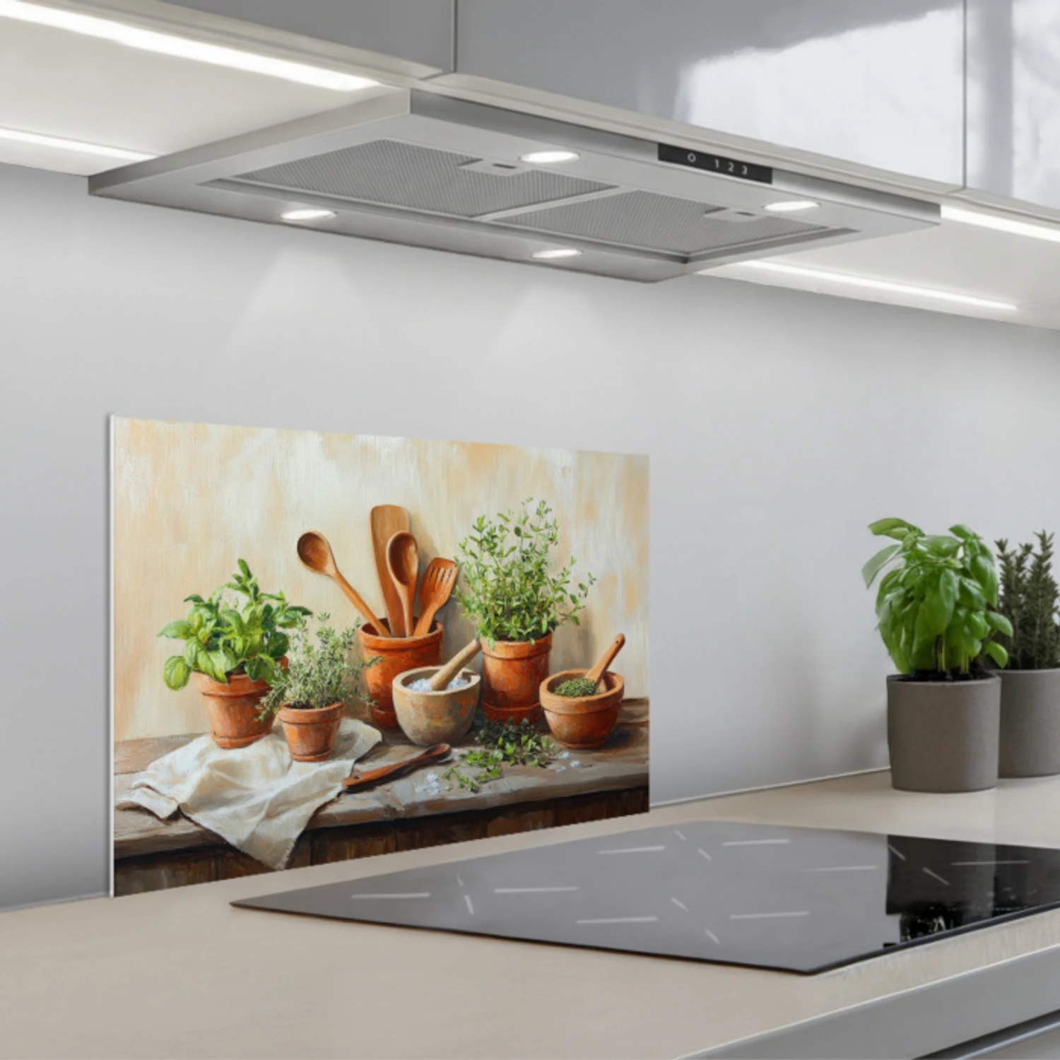 Potten - Kruiden - Hout keuken achterwand spatscherm klein -3d_schuin