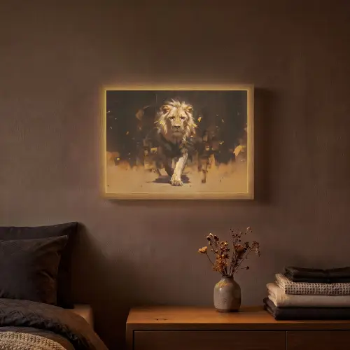 Leeuw - Geschilderd - Abstract - Goud Light Box met batterij (Wandlamp) middel -sfeer4