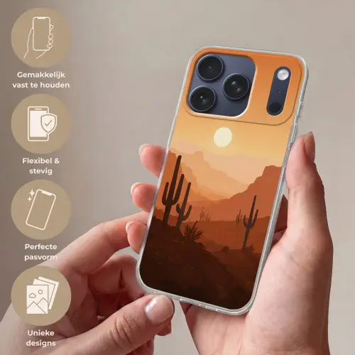 Landschap - Woestijn - Cactussen - Zon Telefoonhoesje iPhone 17 Pro klein -sfeer3_NL