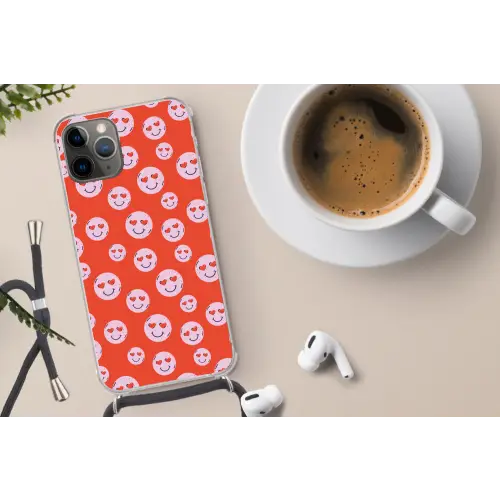 Smiley - Patroon - Hartjes - Rood - Roze Hoesje iPhone 12 Pro met koord klein -oordop