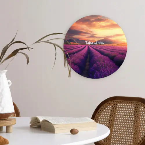 Lavendelveld - Quote - Zonsondergang Wandcirkel plexiglas klein -sfeer4