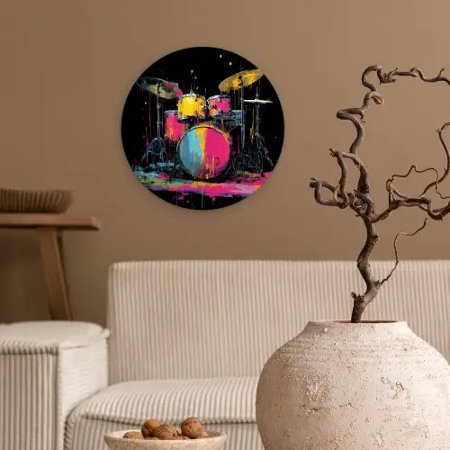 Drumstel - Kleurrijk - Verf - Levendig Wandcirkel kunststof plaat 5mm dik klein -sfeer1
