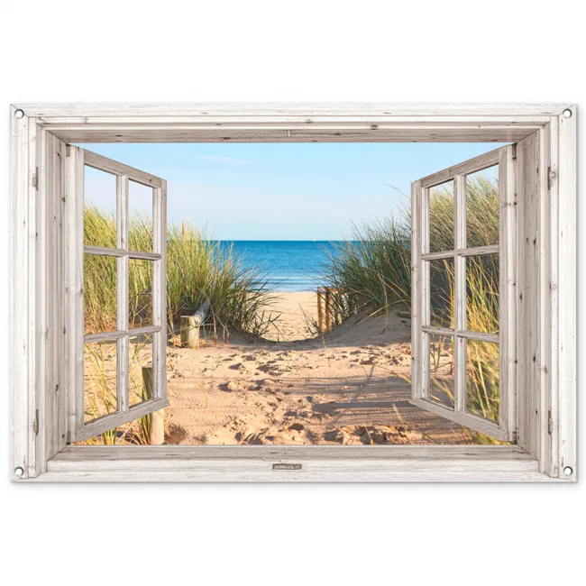 Tuinposter - Doorkijk - Strand - Zee - Duinen - Zand - Water - Helmgras