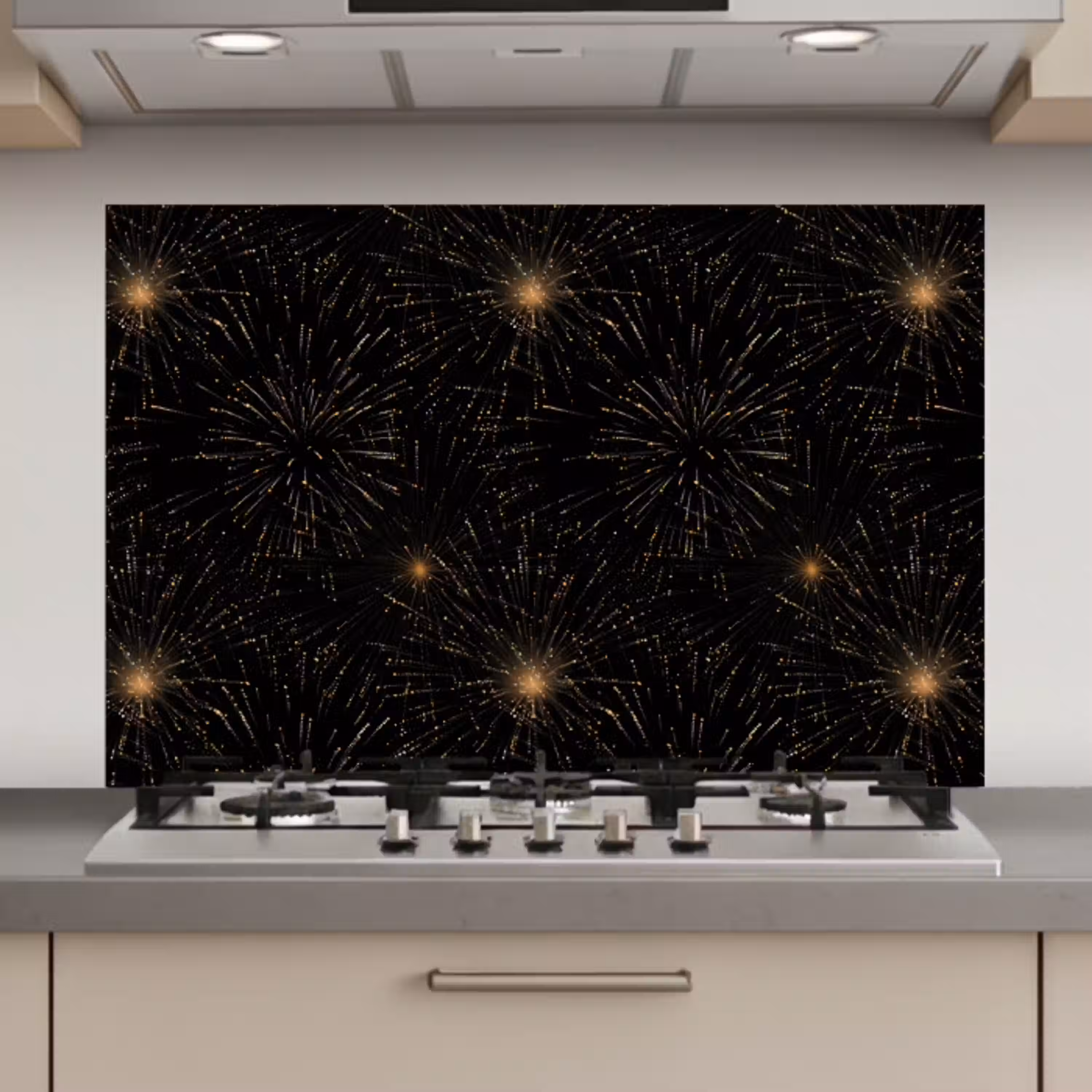 Vuurwerk - Patroon - Feestelijk - Goud - Zwart keuken achterwand spatscherm klein 900 -3d_website