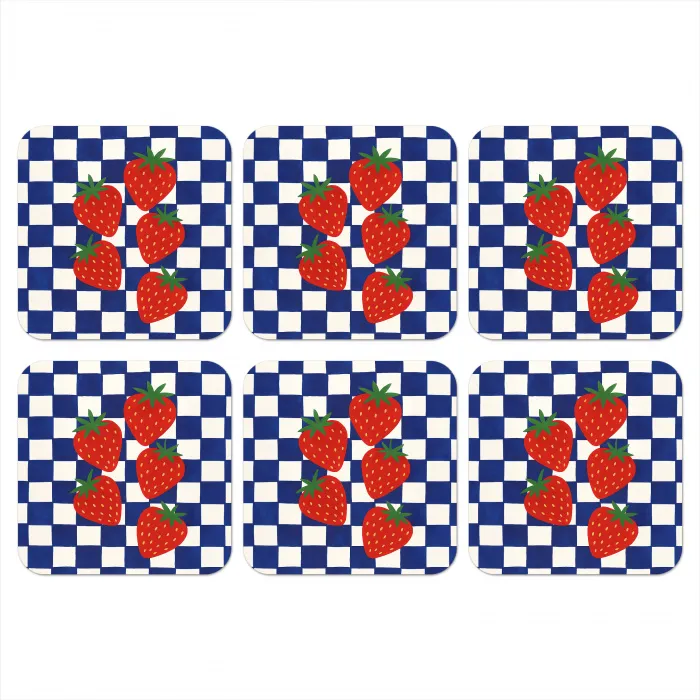 Geblokt - Blauw - Aardbeien onderzetter kurk middel -3d