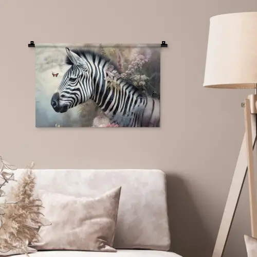 Zebra - Wilde dieren - Vlinder - Bloemen Wandkleed katoen klein -sfeer4