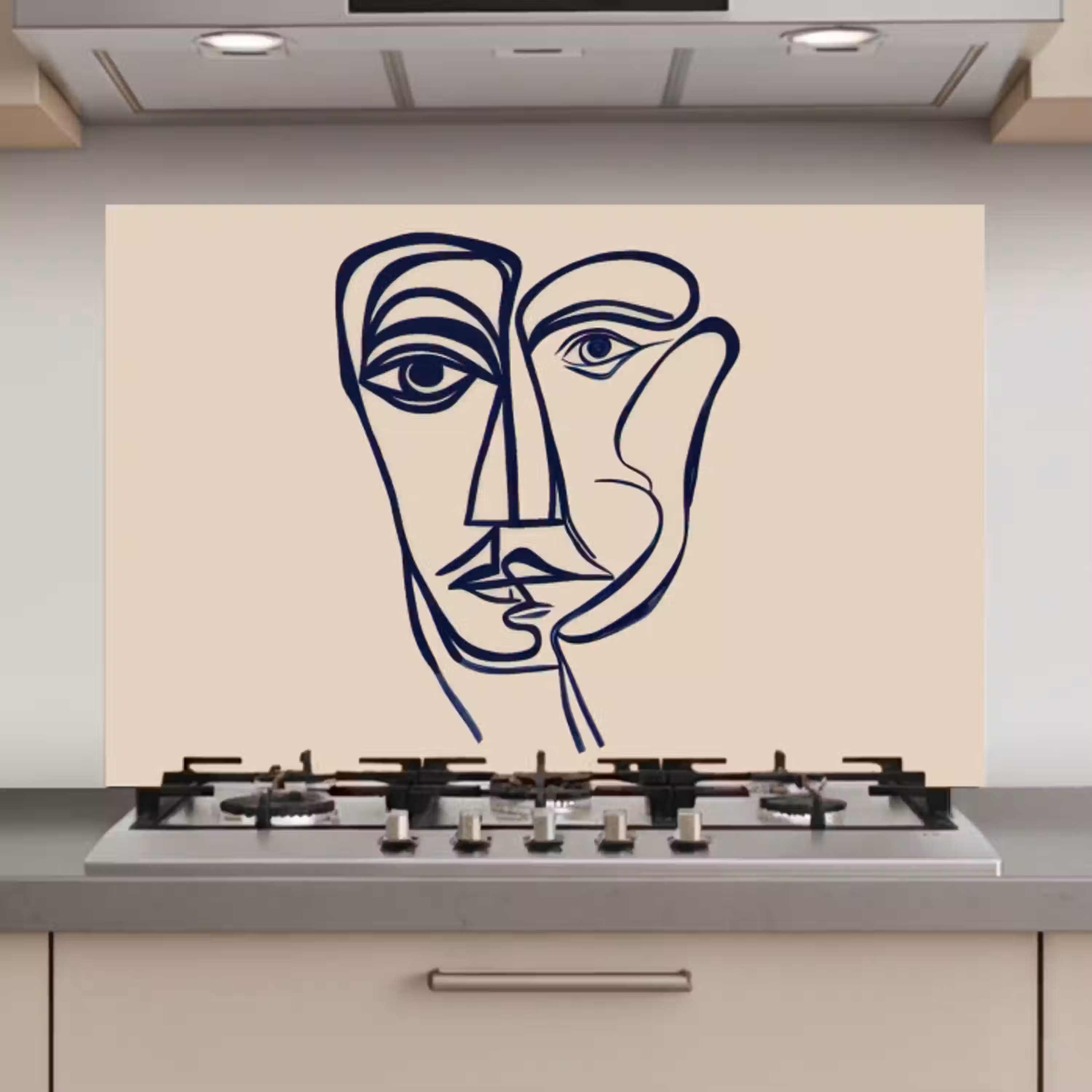 Minimalistisch - Lijnillustratie - Beige - Donkerblauw keuken achterwand spatscherm klein -3d_website