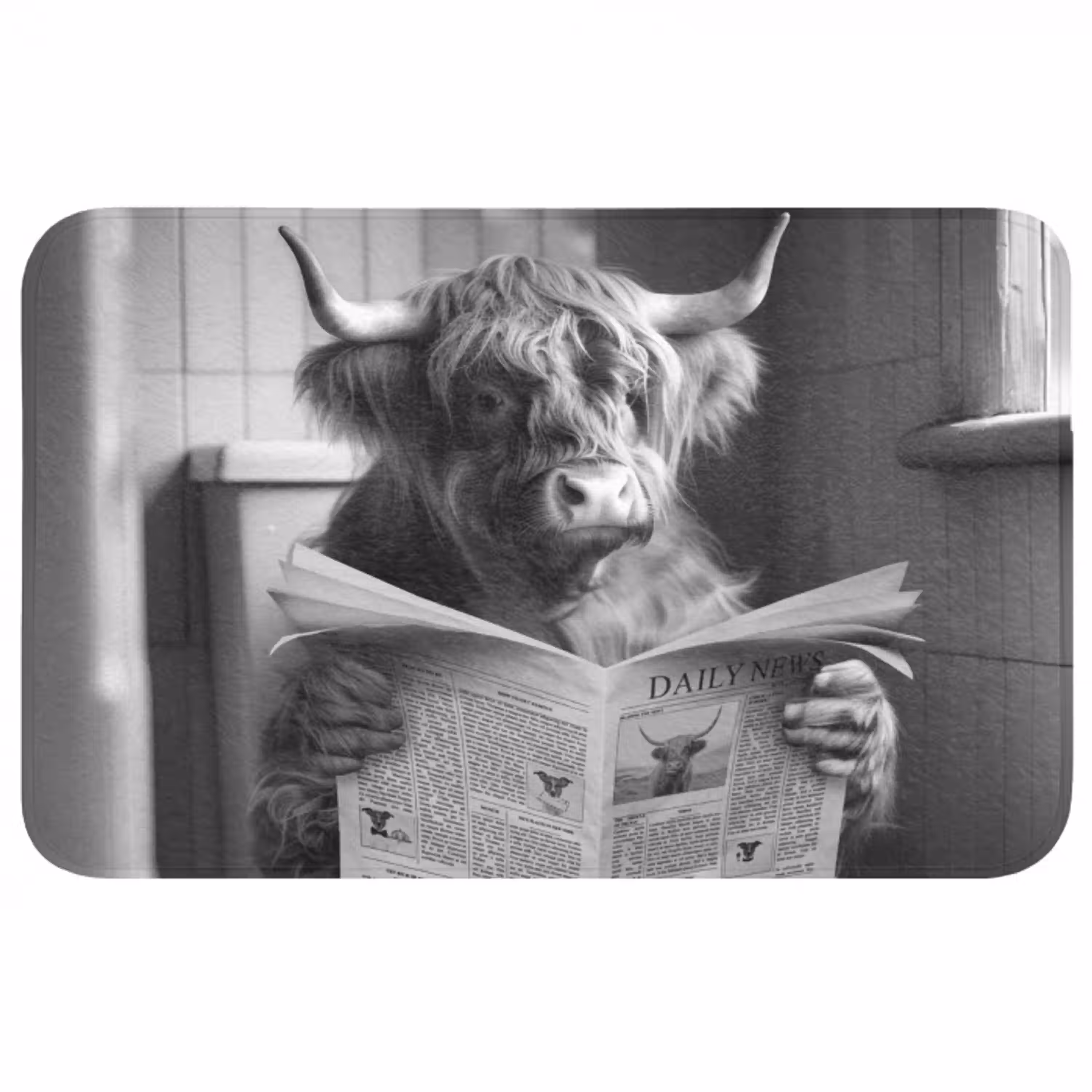Schotse hooglander - Koe - Krant - WC - Zwart wit Badmat middel -3d