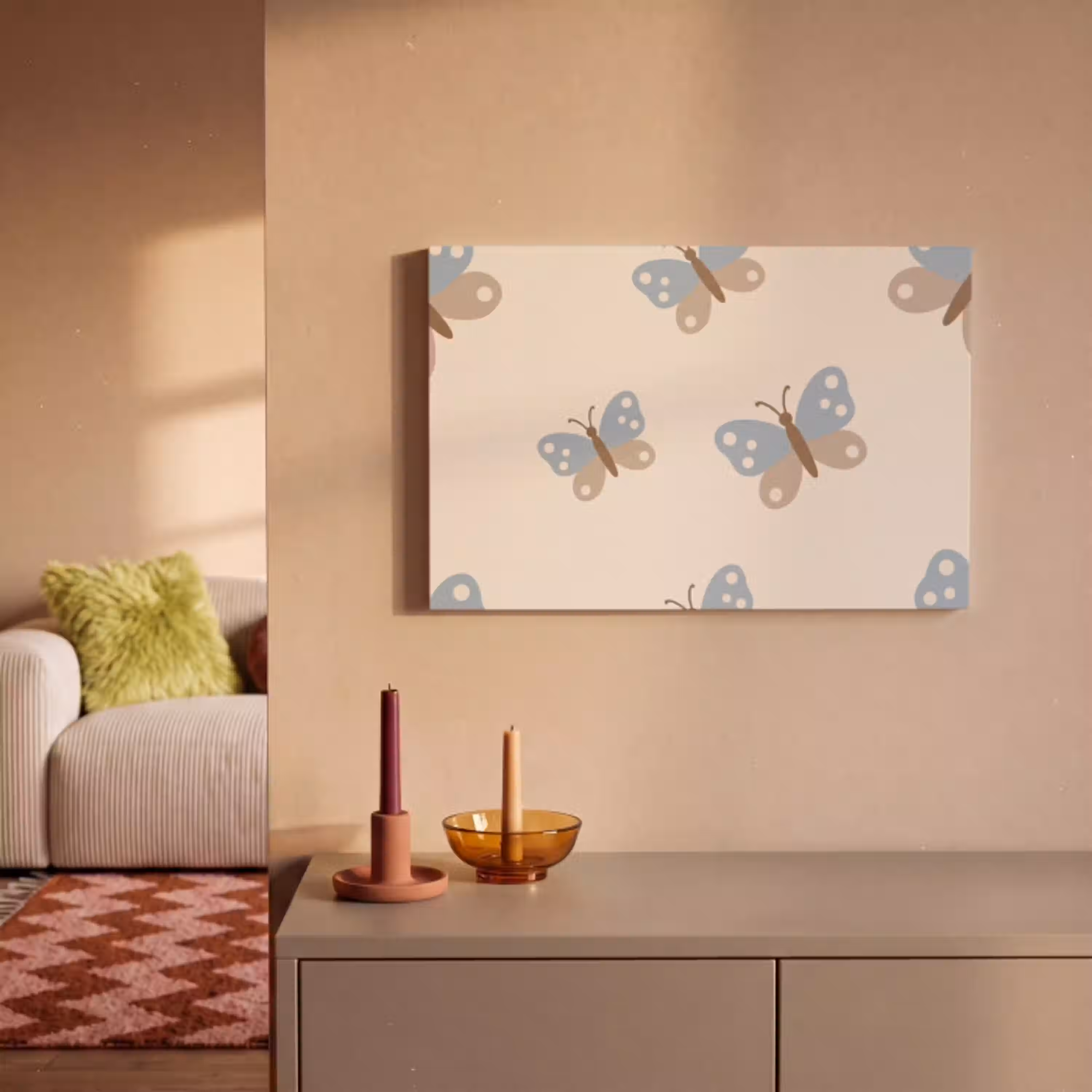 Insect - Vlinderpatroon - Abstract - Blauw - Beige canvas 2cm klein -sfeer1