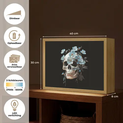 Schedel - Blauw - Bloemen - Bladeren Light Box met batterij (Wandlamp) middel -USP_websiteoverzichtNL