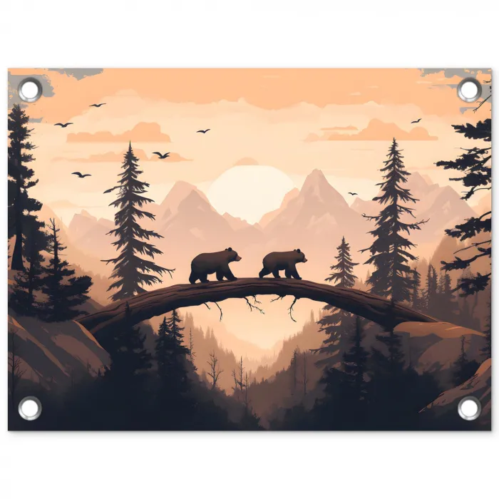 Beren - Bomen - Landschap - Zonsondergang tuinposter los doek klein -3d