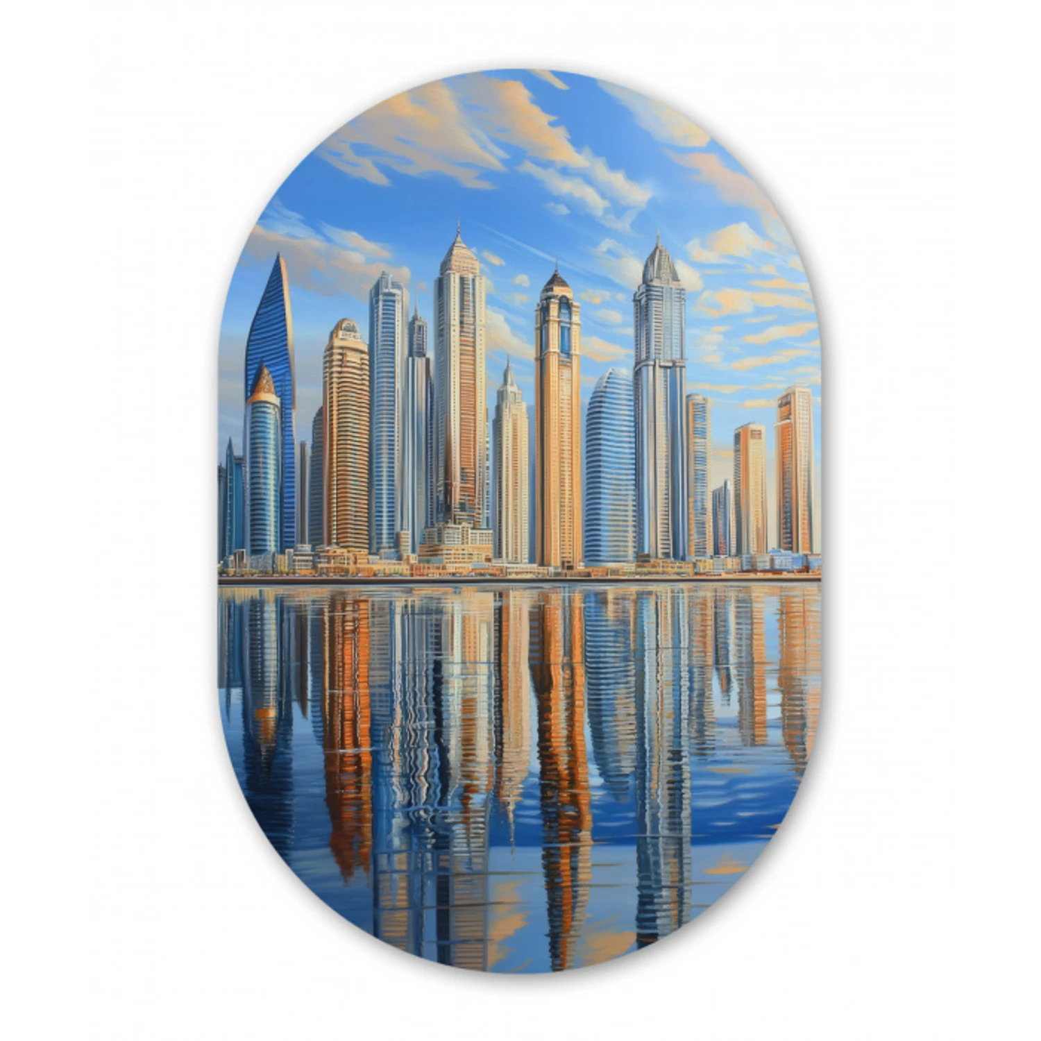 Skyline - Wolkenkrabbers - Water - Blauw Wandcirkel Ovaal Glas middel -3d