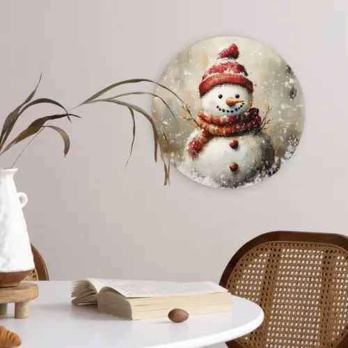 Sneeuwpop - Winter - Sneeuw - Beige Wandcirkel kunststof plaat 5mm dik klein -sfeer4