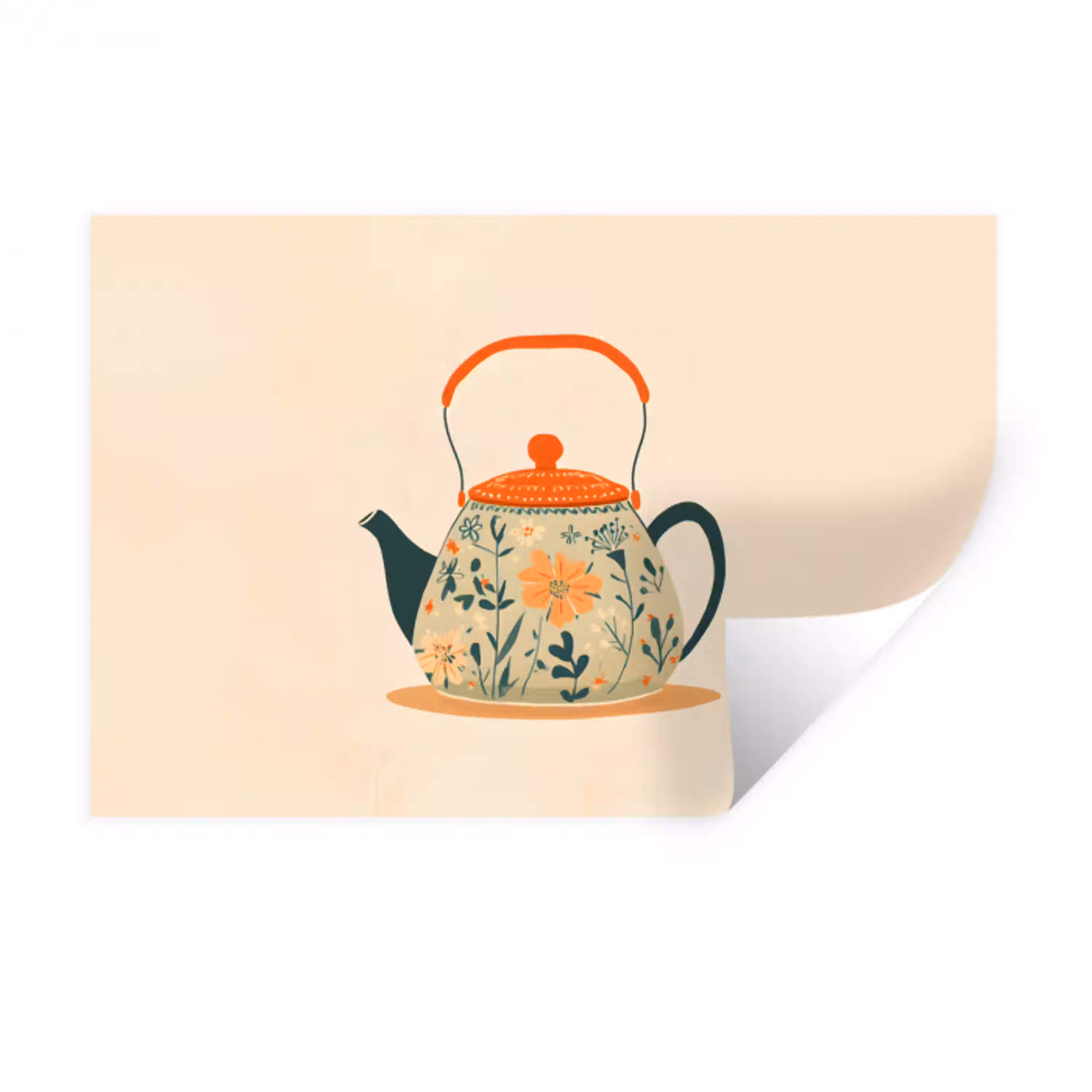 Oranje - Theepot - Bloemen - Bladeren Muursticker klein -3d