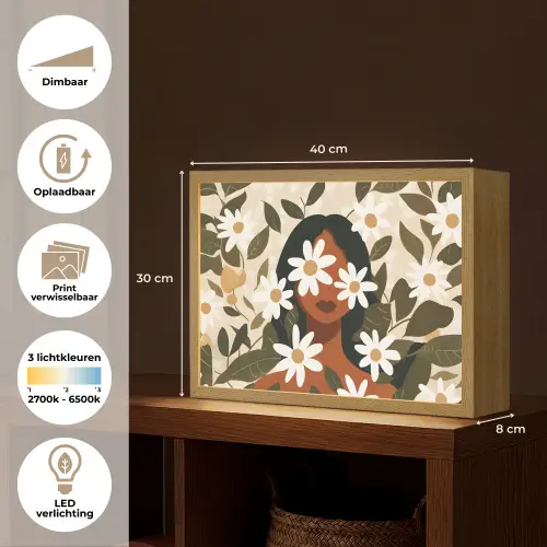 Illustratie - Vrouw - Madeliefjes - Wit Light Box met batterij (Wandlamp) middel -USP_websiteoverzichtNL