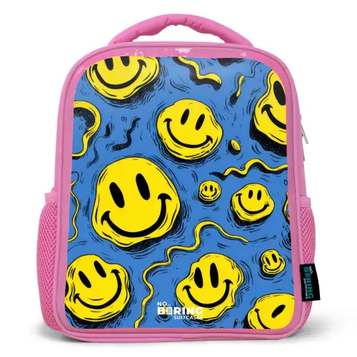 Smiley - Blauw - Geel Kinderrugzak - Roze middel -3d