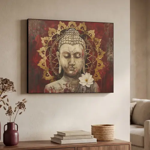 Boeddha - Mandala - Bloem - Rood - Goud - Zen Textielframe zwart klein -sfeer3