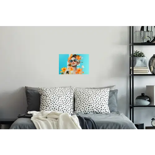 Bloemen - Vrouw - Zonnebril - Blauw Muursticker klein -slaapkamer