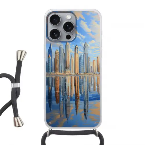 Skyline - Wolkenkrabbers - Water - Blauw Hoesje iPhone 16 Pro Max met koord klein -3d