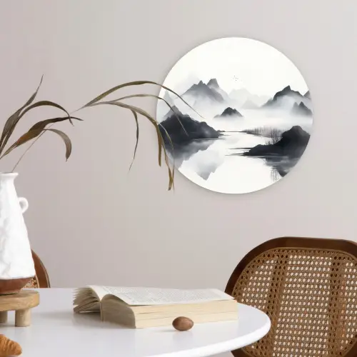 Bergen - Mistig - Water - Wit Wandcirkel kunststof plaat 5mm dik klein -sfeer4
