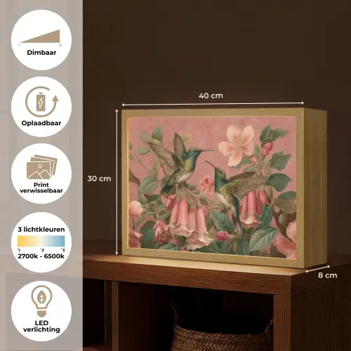 Kolibries - Bloemen - Groen - Roze Light Box met batterij (Wandlamp) middel -USP_websiteoverzichtNL
