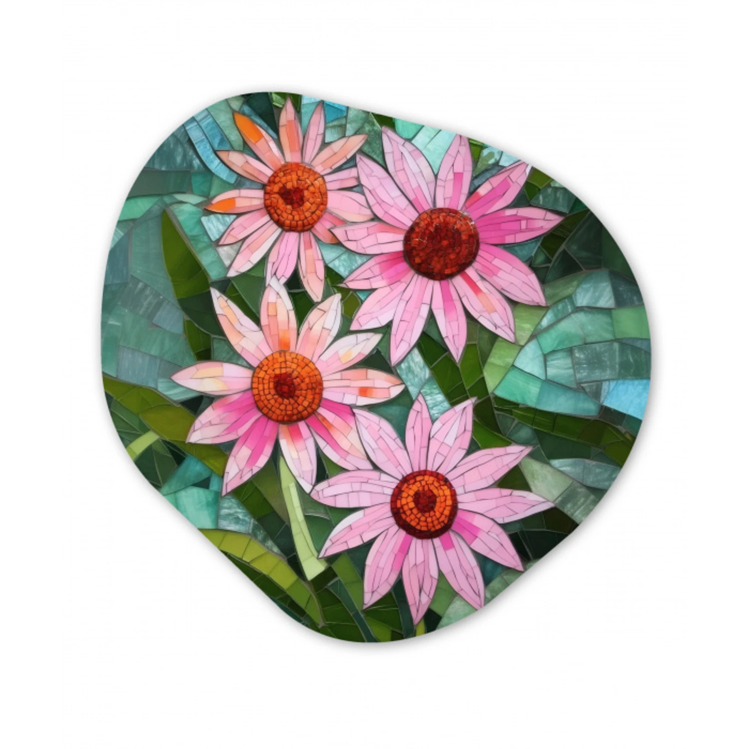 Bloemen - Roze - Glasmozaïek Wandcirkel Organisch Aluminium middel -3d