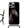 Paard - Bloemen - Zwart Hoesje iPhone 16 Pro Max met koord klein -3d