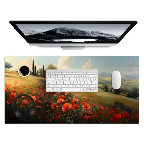 Klaprozen - Rood - Heuvels - Landschap Muismat XXL klein -3d