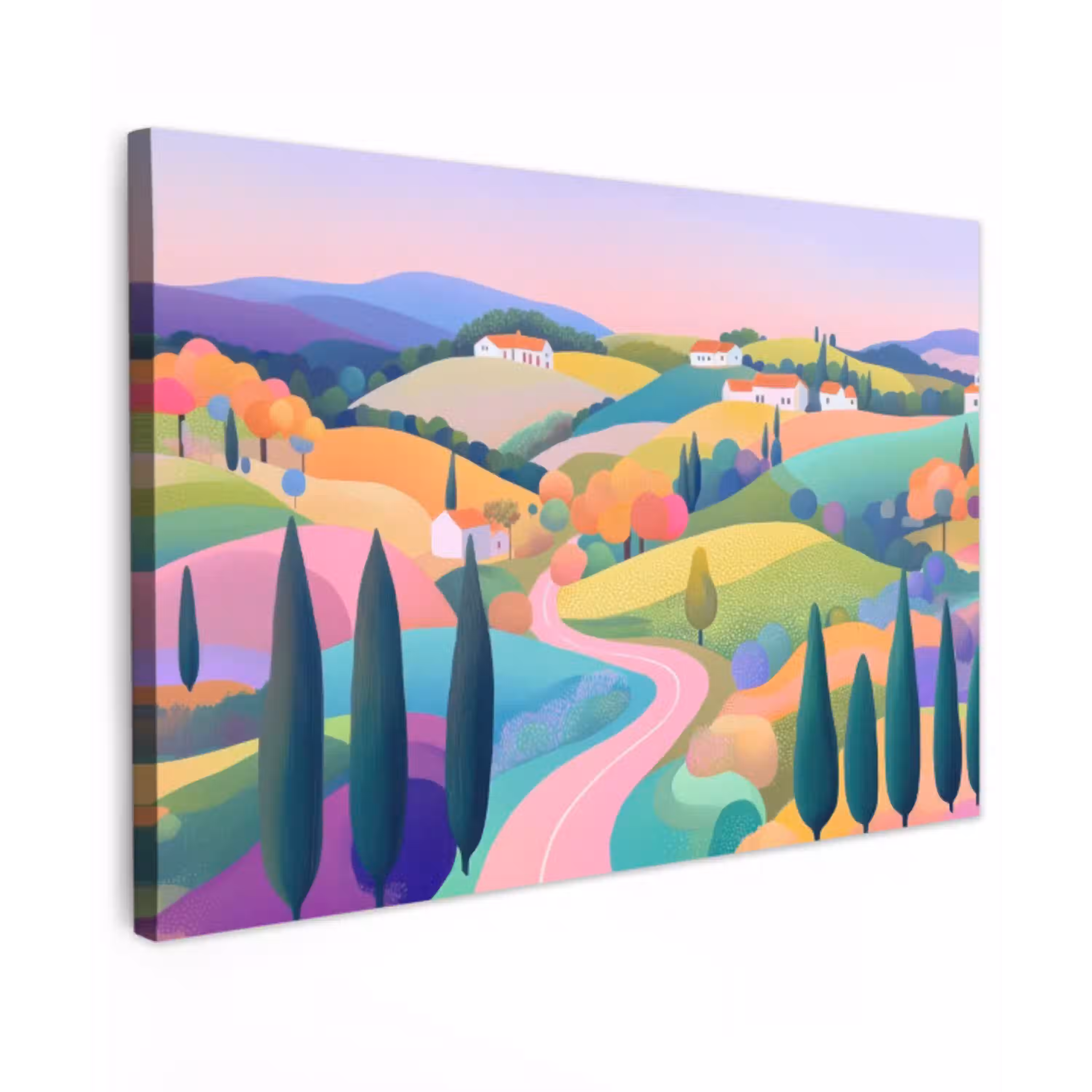 Landschap - Paars - Pastel - Huizen Tuinposter op houten frame 2 cm dik klein -3d