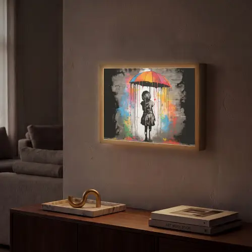 Meisje - Kunst - Paraplu - Graffiti - Kleuren - Muur Light Box met batterij (Wandlamp) middel -sfeer1