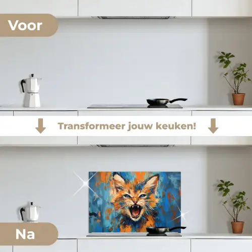 Kat - Kleurrijk - Oranje - Blauw keuken achterwand spatscherm klein -voor_na_NL