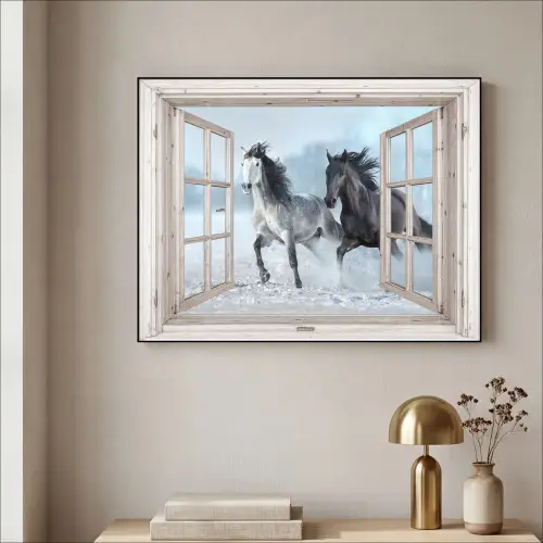 Doorkijk - Paarden - Winter - Dieren - Natuur - Wit Textielframe - compleet frame klein -sfeer2